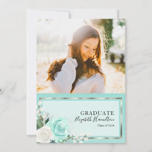 Teal  Foil Silver Photo Graduation Announcement