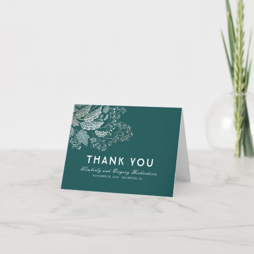 Teal Foliage Elegant Wedding Thank You - Gold baby's breath flowers and emerald color elegant wedding thank you cards