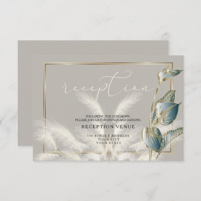 Teal Foliage Gold Ivory Pampas Grass Reception Invitation (Front/Back)