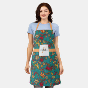 Teal Foliage Leaf with Family Name Apron