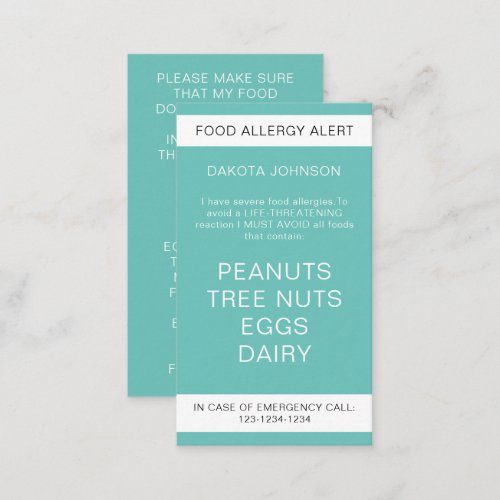 Teal Food Allergy Alert Card