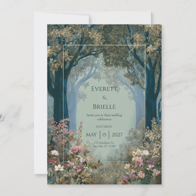 Teal Forest Archway Gold Frame Romantic Floral Invitation (Front)