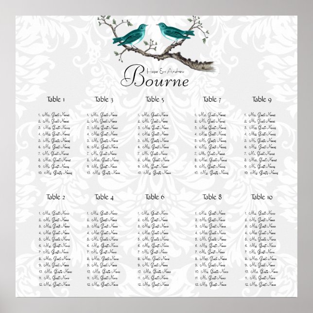 Teal Forest Love Bird Seating Chart (Front)