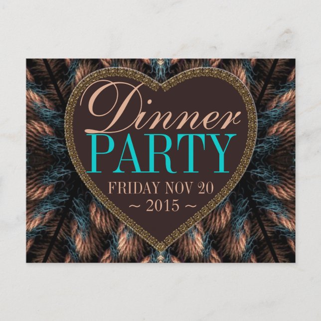 Teal Fractal Feathers Dinner Party Invitation (Front)