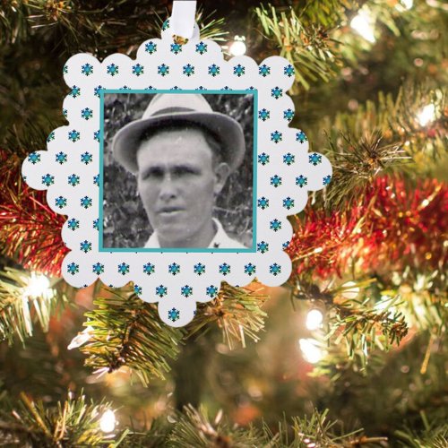 Teal Fractal Snowflakes on White  Ancestor Photo Ornament Card