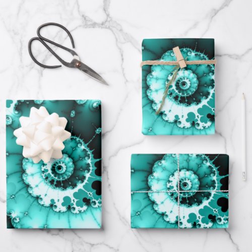 Teal Fractal Spiral Wrapping Paper Sheets