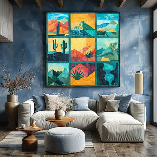 Teal Framed Desert Art Grid – Colorful Geometric Poster