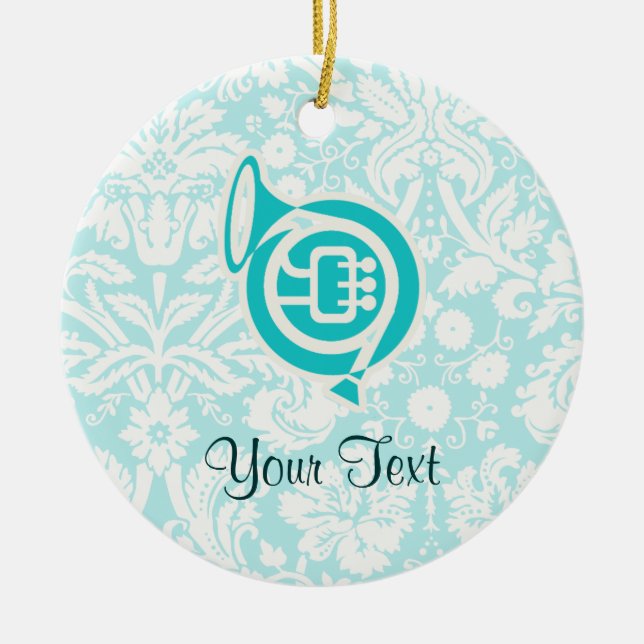 Teal French Horn Ceramic Ornament (Front)