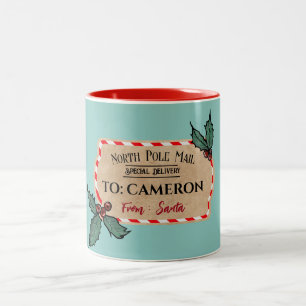 Teal "From Santa" Vintage Tag with Custom Name Two-Tone Coffee Mug