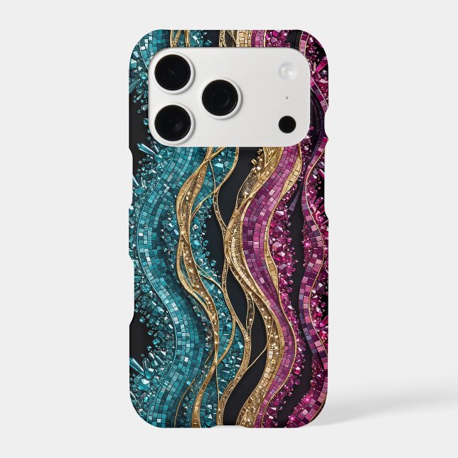 Teal Fuchsia Gold Geode Mosaic Waves iPhone Case (Back)