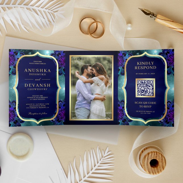 Teal Galaxy Blue Mandala QR Code Indian Wedding Tri-Fold Invitation (Creator Uploaded)