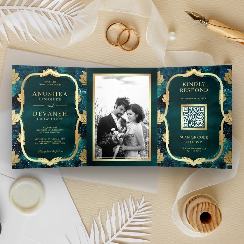 Teal Galaxy Gold Lotus QR Code Indian Wedding Tri_Fold Invitation