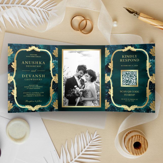 Teal Galaxy Gold Lotus QR Code Indian Wedding Tri-Fold Invitation (Creator Uploaded)
