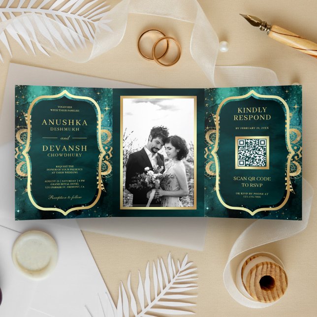 Teal Galaxy Gold Mandala QR Code Indian Wedding Tri-Fold Invitation (Creator Uploaded)