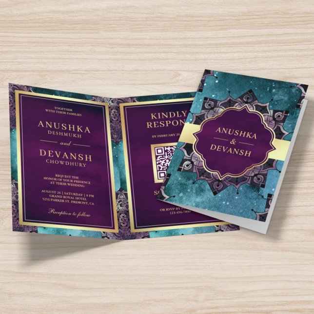 Teal Galaxy Purple Mandala QR Code Indian Wedding Invitation