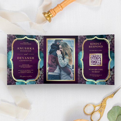 Teal Galaxy Purple Mandala QR Code Indian Wedding Tri_Fold Invitation