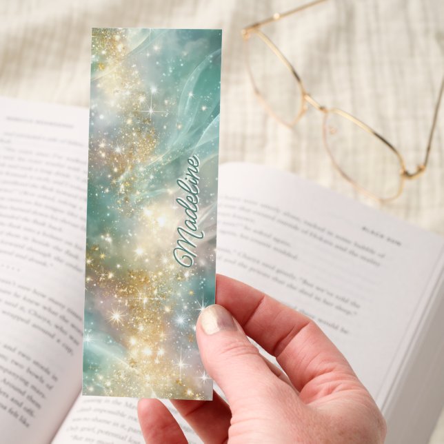 Teal Galaxy with Gold Glitter Stars and Sparkle Bookmarks (Hand)