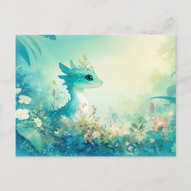 Teal Gecko in Magical Wildflower Forest Landscape Postcard (Front)