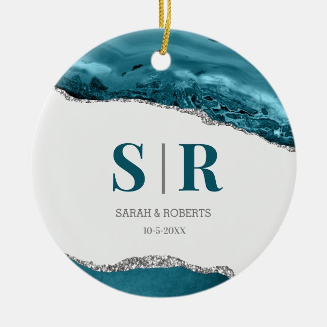 Teal Geode Agate Couples Monogrammed Christmas Ceramic Ornament (Front)