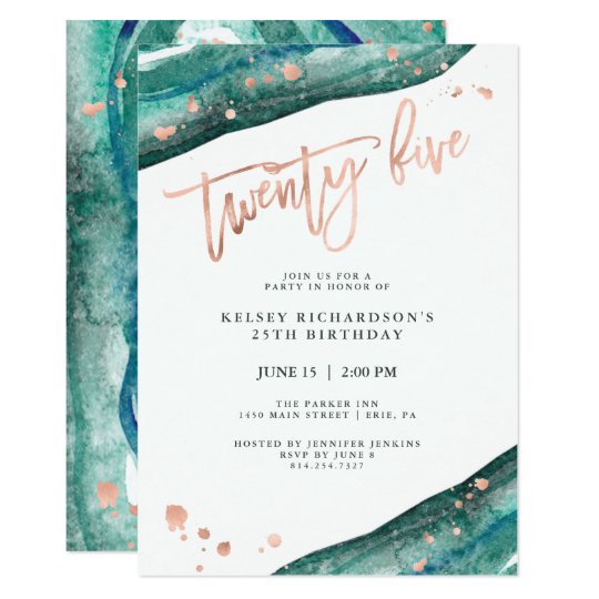 Teal Geode And Faux Rose Gold Look 25th Birthday Invitation