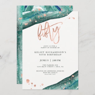 Teal Geode and Faux Rose Gold Look 50th Birthday Invitation