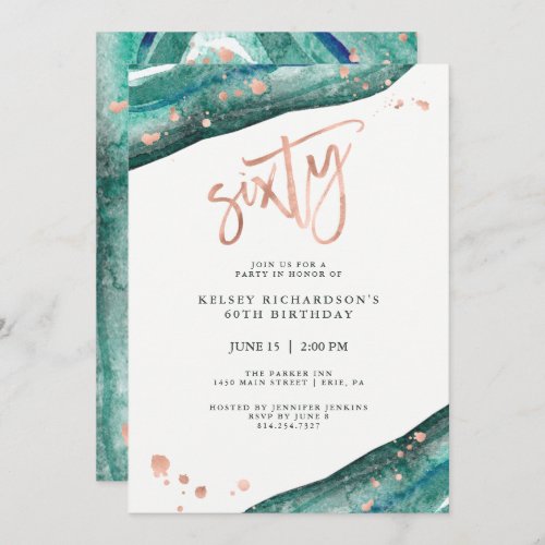 Teal Geode and Faux Rose Gold Look  60th Birthday Invitation