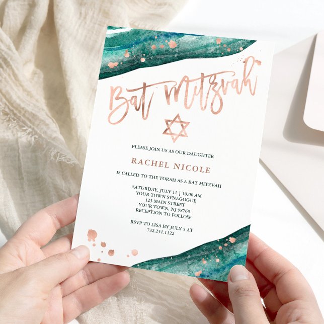 Teal Geode and Faux Rose Gold Look Bat Mitzvah Invitation (Creator Uploaded)
