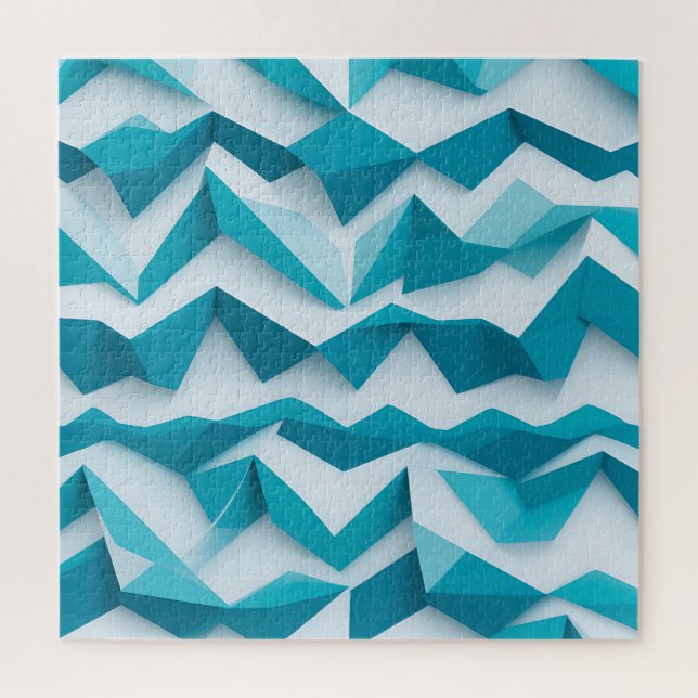 Teal Geometric Chevron 3D Pattern Jigsaw Puzzle (Vertical)