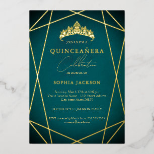 Teal Geometric Gold Elegant Quinceanera Foil Invitation