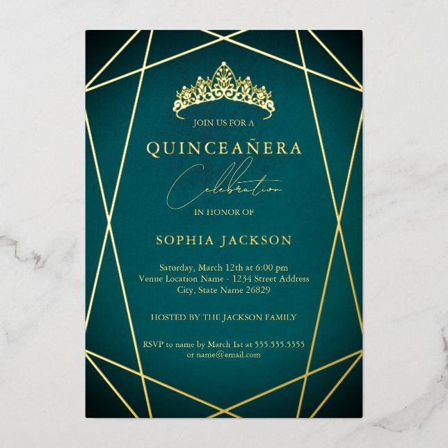 Teal Geometric Gold Elegant Quinceanera Foil Invitation (Front)