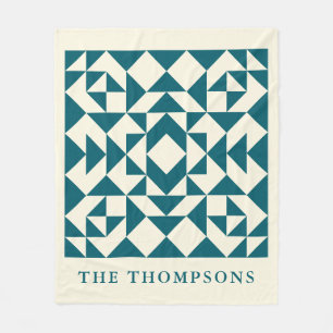 Teal Geometric Quilt Pattern Custom Family Name Fleece Blanket