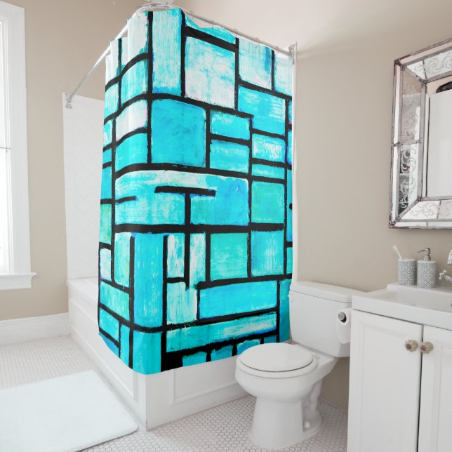 Teal Geometric Square Painting  Shower Curtain (In Situ)