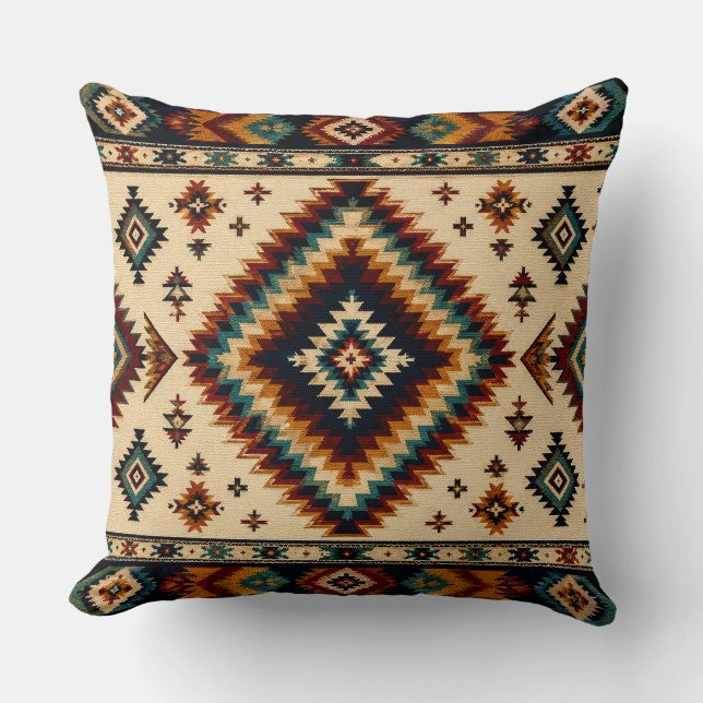 Teal Geometric Textile Pattern – Bold Boho Diamond Throw Pillow (Front)