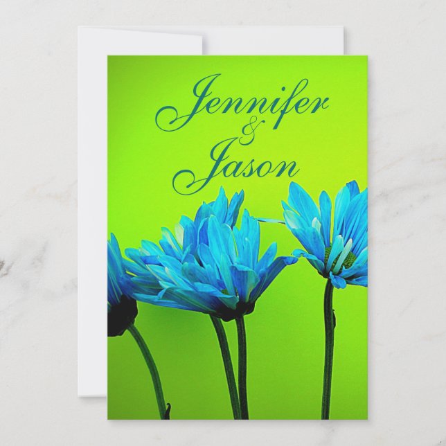 Teal Gerber Daisies on Lime Green Wedding Invite (Front)