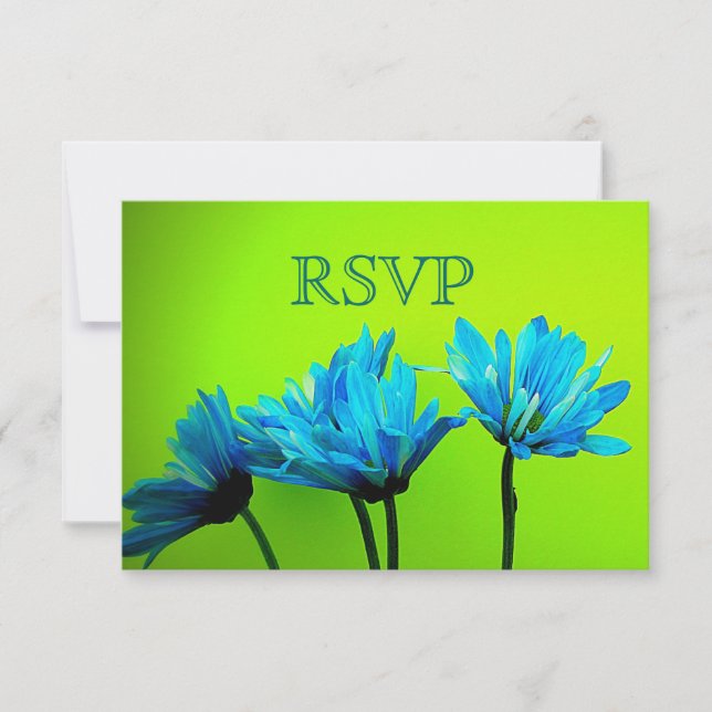 Teal Gerber Daisies on Lime Green Wedding RSVP (Front)