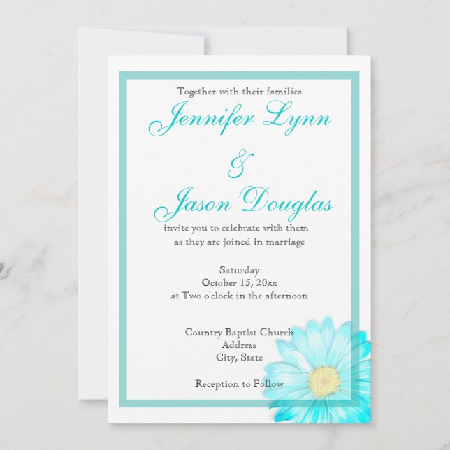Teal Gerber Daisy Simple Wedding Invitation (Front)