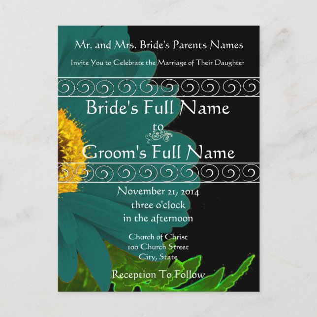 Teal Gerber Daisy Wedding Invitation Postcard (Front)