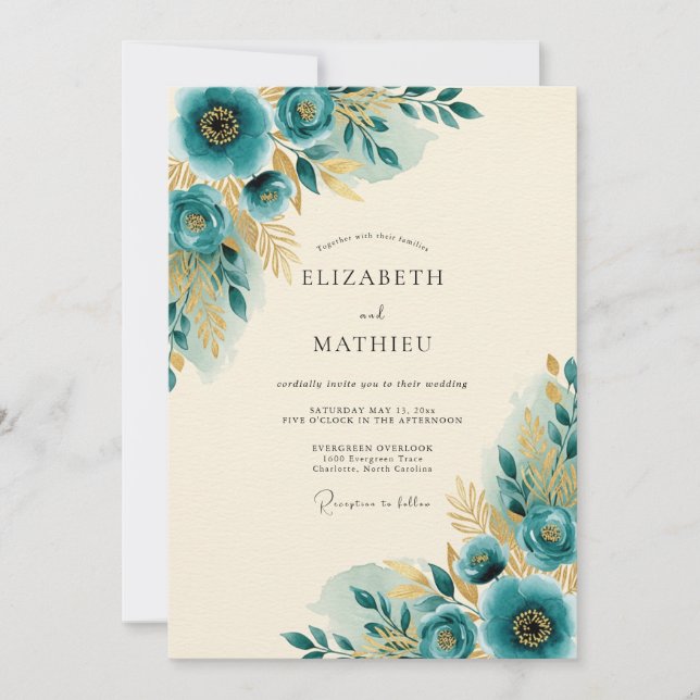 Teal Gilded Spring Wedding Invitation (Front)