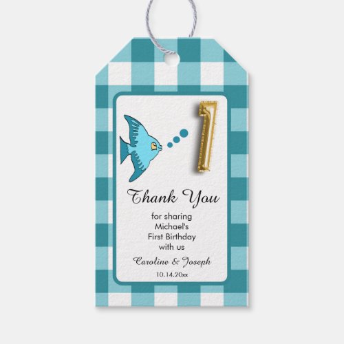 Teal Gingham 1st Birthday Fish Favor Thanks Gift Tags