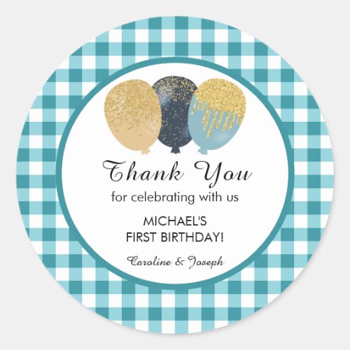 Teal Gingham 1st Birthday Glitter Balloons Favor Classic Round Sticker