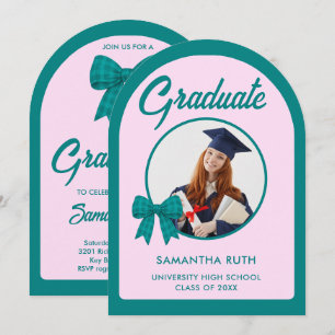 Teal Gingham Bow Arch Photo Graduation Party Invitation