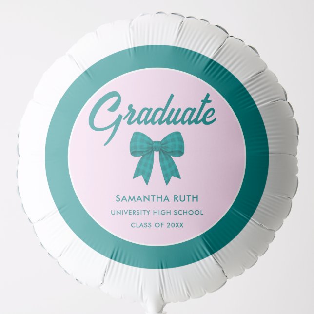 Teal Gingham Bow Graduation Party Balloon (Front)