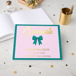 Teal Gingham Bow Graduation Party Foil Guest Book