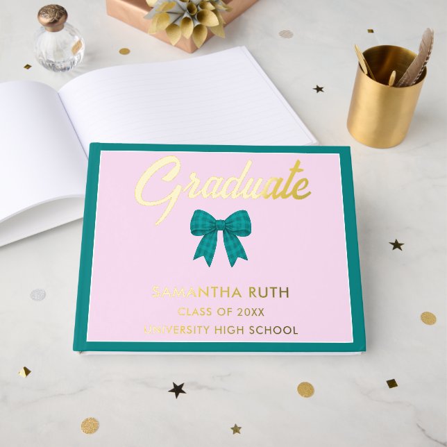 Teal Gingham Bow Graduation Party Foil Guest Book (Front Open)