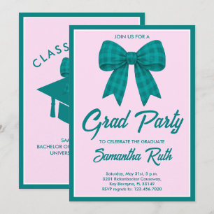 Teal Gingham Bow Graduation Party Invitation