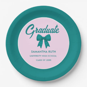 Teal Gingham Bow Graduation Party Paper Plates
