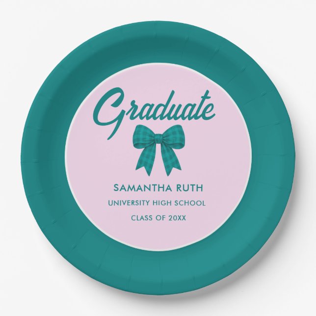 Teal Gingham Bow Graduation Party Paper Plates (Front)