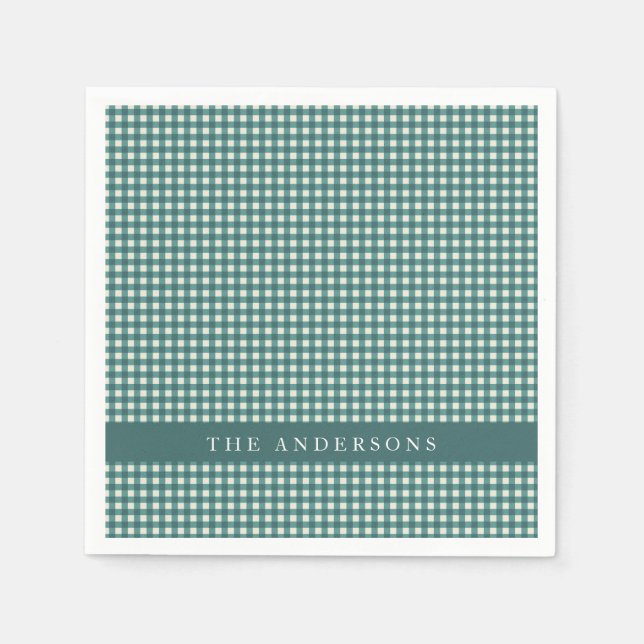 Teal Gingham Custom Family Name Entertaining Napkins (Front)