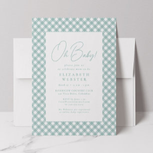 Teal gingham cute simple neutral baby shower invitation