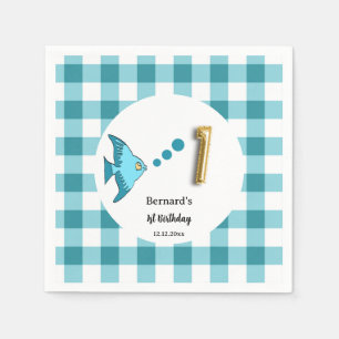 Teal Gingham Gold Foil Balloon Fish 1st Birthday Napkins